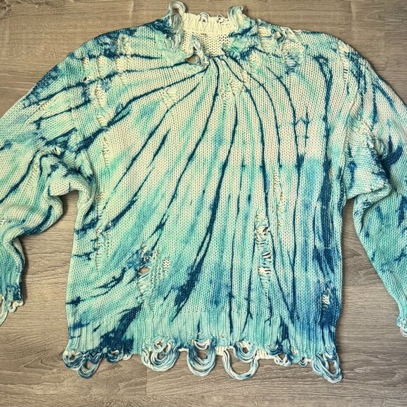 R13 Tie Dye Blue Oversized Distressed Knit Sweater Size L